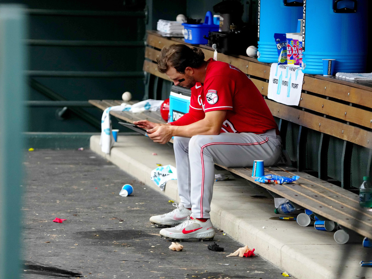 May 1, 2022; Denver, Colorado, USA; Cincinnati Reds shortstop Kyle Farmer (17) in the dugout following the loss to the Colorado Rockies at Coors Field.